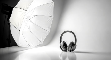 White umbrella and headphones on a white background. 3d illustration.の素材
