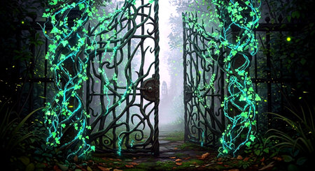 Garden gate in the mist. 3d rendering. Computer digital drawing.の素材