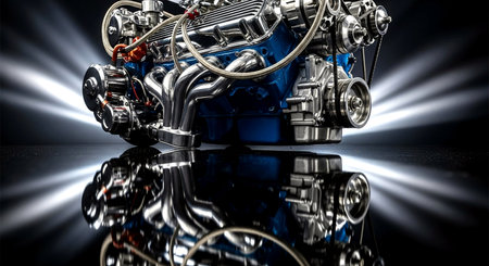 3d rendering of a car engine on a black background with lightの素材