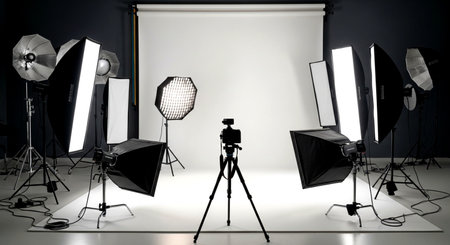 Empty photo studio with professional equipment and lighting equipment. 3d renderingの素材