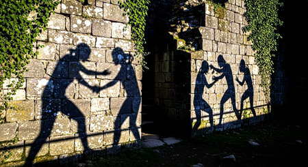 Silhouette of a man and a woman fighting in front of an old stone wallの素材