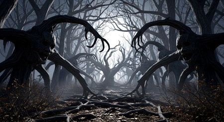 Fantasy dark forest with creepy tree trunks. 3D renderingの素材