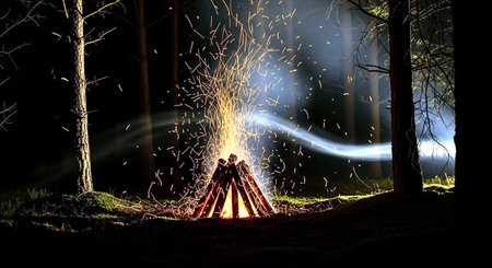 Silhouette of two people standing near bonfire in the night forestの素材