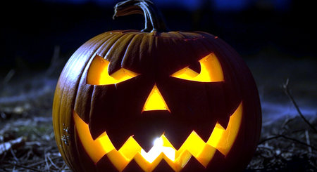 Jack O'Lantern in the forest at night, Halloweenの素材