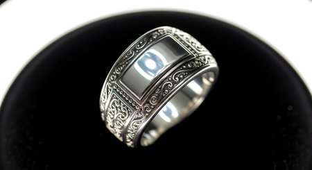 Silver wedding ring on a black background close up. Jewelry backgroundの素材