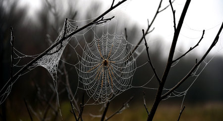 Spider web with dewdrops on a branch in the forestの素材