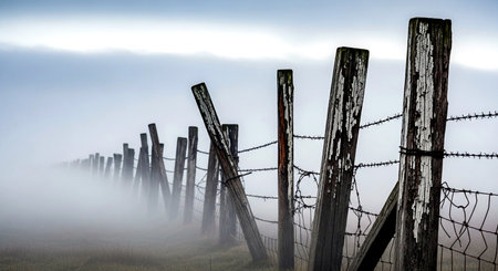 Foggy morning over a fence with barbed wire in the foregroundの素材
