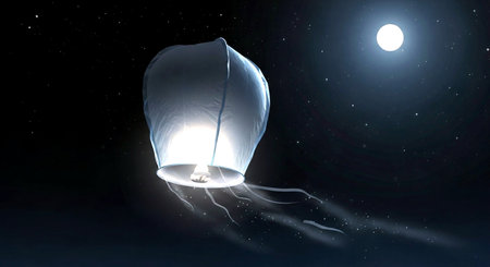 Air balloon in the night sky with moon and stars. 3D renderingの素材
