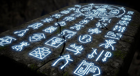 Neon glowing zodiac signs on stone background. 3D renderingの素材