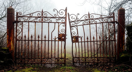 Old iron gate in foggy forest. Halloween concept. Selective focus.の素材