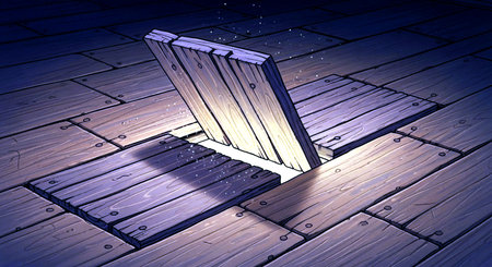 3d illustration of a wooden floor with a beam of light shining through itの素材