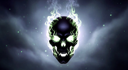 Skull with Flames and Smoke on a Dark Background - 3D Illustrationの素材