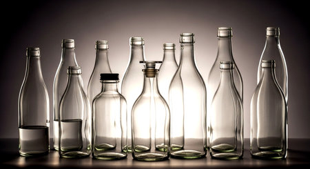 Empty glass bottles on a dark background close-up. 3d renderingの素材