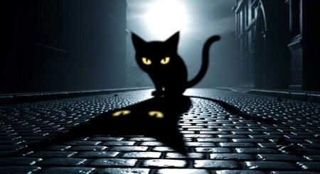 Mysterious black cat in the city at night. Halloween conceptの素材