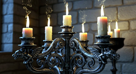 Burning candles in candlestick on brick wall background, closeupの素材