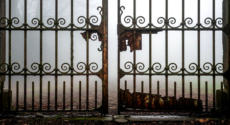 Old metal gate in a foggy forest, closeup of photoの素材