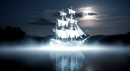 Sailing ship in the misty night. 3D rendering.の素材