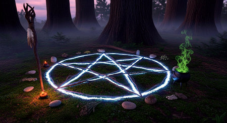 Mystical mystical symbol in the forest. 3D rendering.の素材