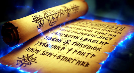 Old magic book with fire and blue light on it. Close upの素材