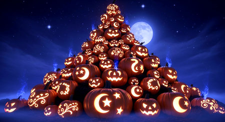 Halloween pumpkins with crescent moon on starry sky backgroundの素材