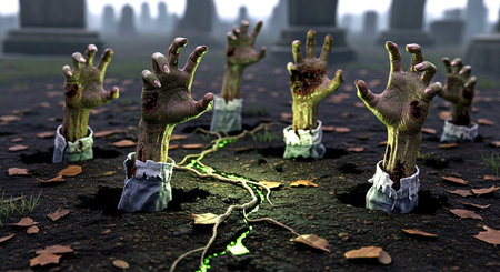 Zombie hands reaching out from ground. Halloween concept. 3D renderingの素材
