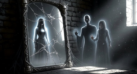 Mysterious woman and man standing in front of a mirror in the darkの素材