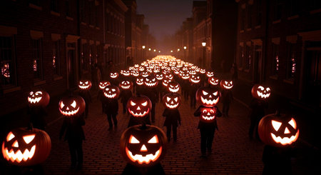 Halloween pumpkins in the city at night, 3d renderingの素材