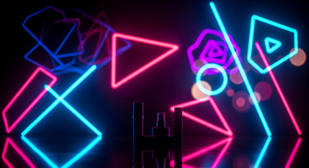 3d render. Abstract neon background. Glowing geometric shapes in empty dark room.の素材