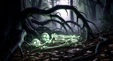 Scary halloween background with glowing human skeleton in dark forestの素材