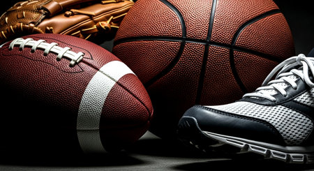 Closeup of American football, basketball and baseball equipment on black backgroundの素材
