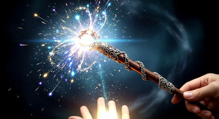 Close up of human hand holding magic wand with sparkles and sparksの素材