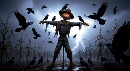 Scary scarecrow in a cornfield with ravens and lightningの素材