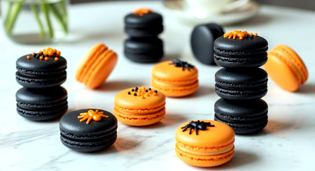 Black and orange macaroon cookies on a white marble background.の素材