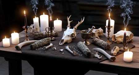 Still life with skulls, candles and bones on a wooden table.の素材