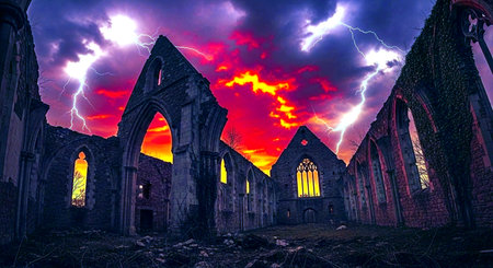 Abandoned ruin of an old church in the forest at sunsetの素材