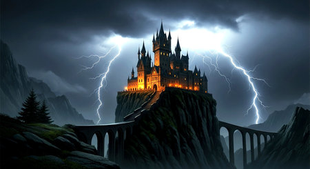 Castle on the hill at night with lightning. Vector illustration.の素材