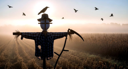 3d illustration of a scarecrow with a bird in his handの素材