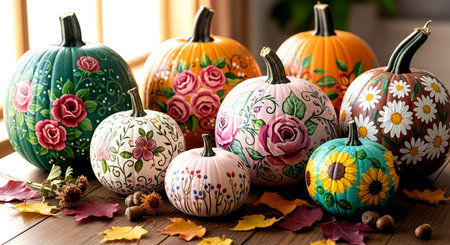 Colorful pumpkins and autumn leaves on wooden background, Halloween decorationの素材