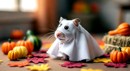 Cute little white mouse in halloween costume with pumpkinsの素材