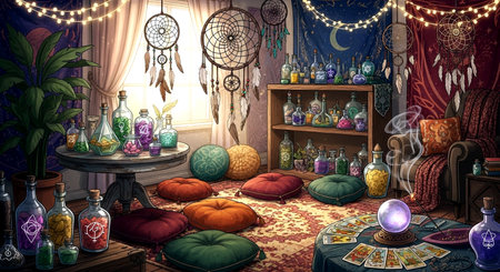 Interior of the room with dreamcatcher and magic potion.の素材