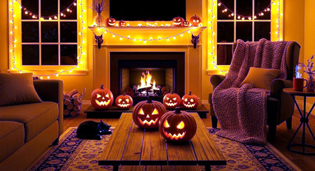 Halloween pumpkins in front of fireplace at night. 3D rendering.の素材