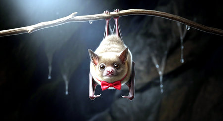 Bat with red bow tie hanging on a branch in the cave.の素材