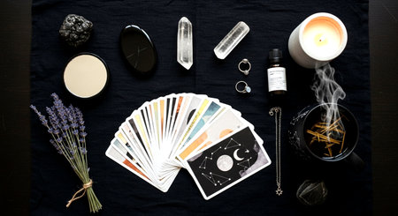 Flat lay composition with spa accessories and lavender flowers on black backgroundの素材