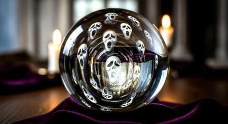 Crystal ball on a table in a room with candles in the backgroundの素材