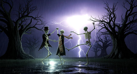 Scary Halloween background with skeleton and zombie. 3D rendering.の素材