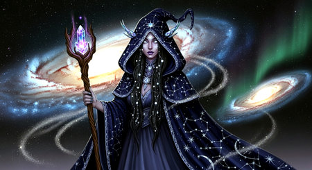 3d illustration of a beautiful witch with magic wand in the spaceの素材