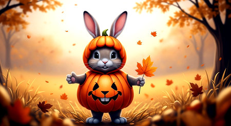 Happy Halloween. Cute cartoon bunny with pumpkin in autumn forest.の素材