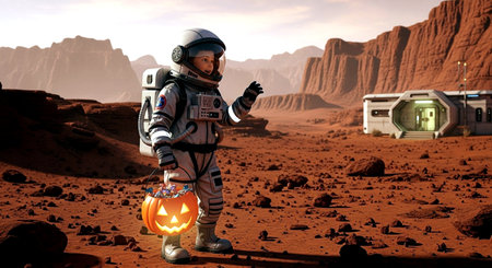 Astronaut with pumpkin in the desert. 3D rendering.の素材