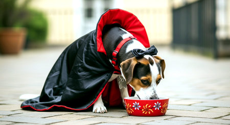Jack Russell Terrier dog in a red cloak with a bowl of foodの素材