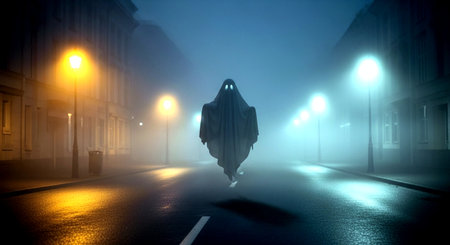 Ghost figure in a foggy street at night 3d render illustrationの素材